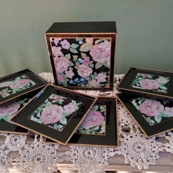Set of 6 Otagiri Japan Tavistock Floral Garden black lacquer/lacquerware coaster - Picture 1 of 7